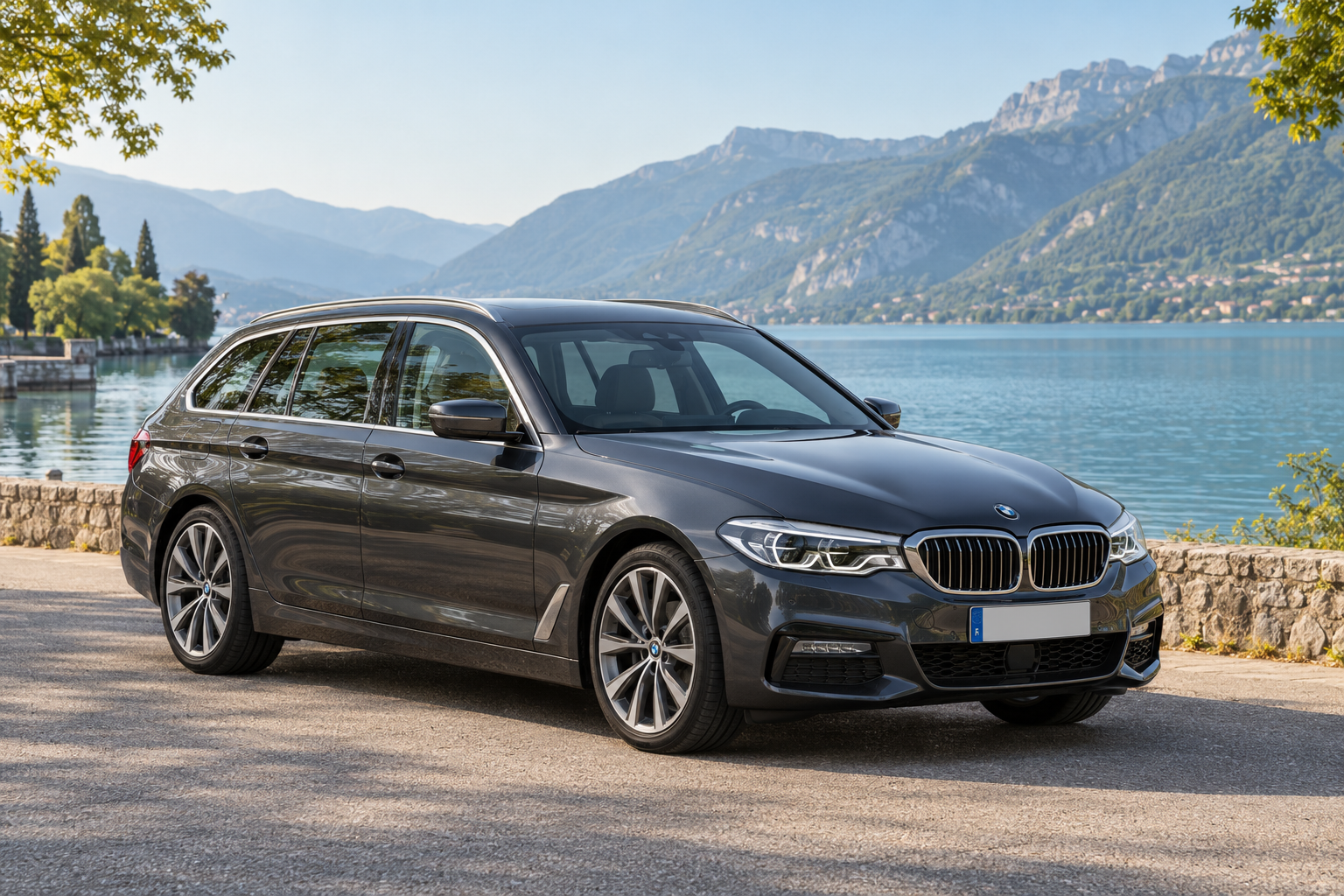 AI-generated illustration of an anthracite grey BMW 5 Series Touring on a quay beside Lake Annecy