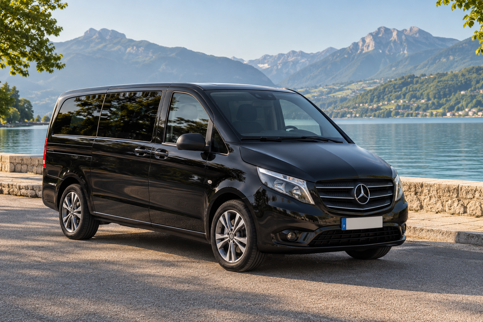 AI-generated illustration of a black Mercedes Vito passenger van on a quay beside Lake Annecy